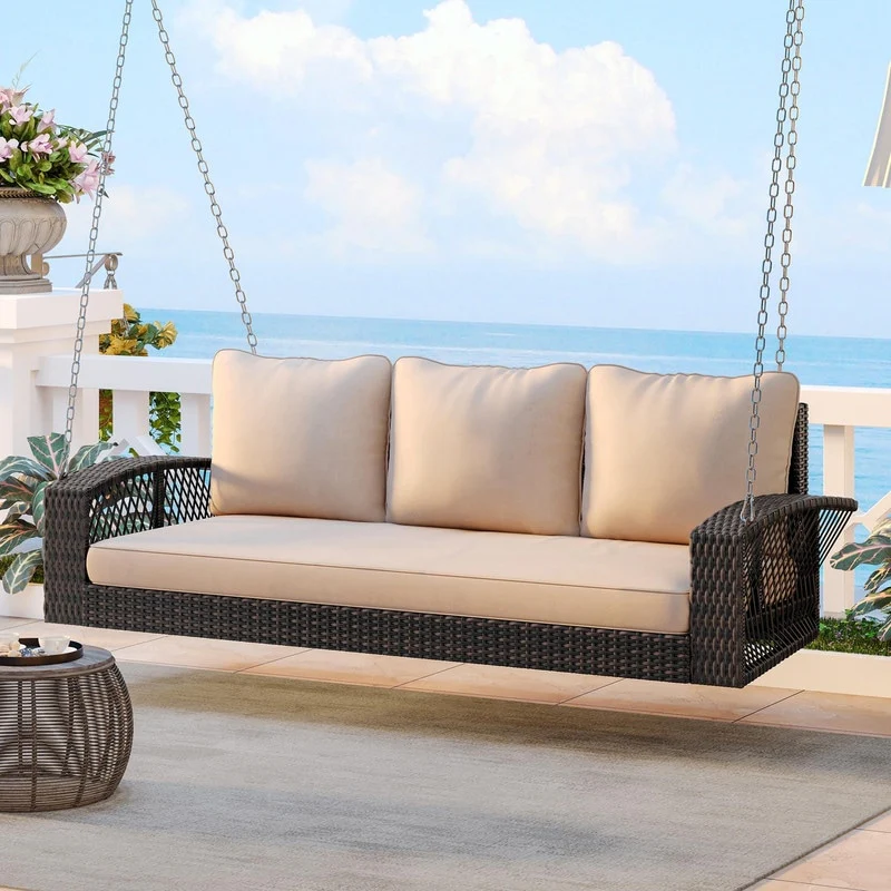 3-Person Wicker Porch Swing with Chains and Cushions for Relaxing in Your Backyard or Garden