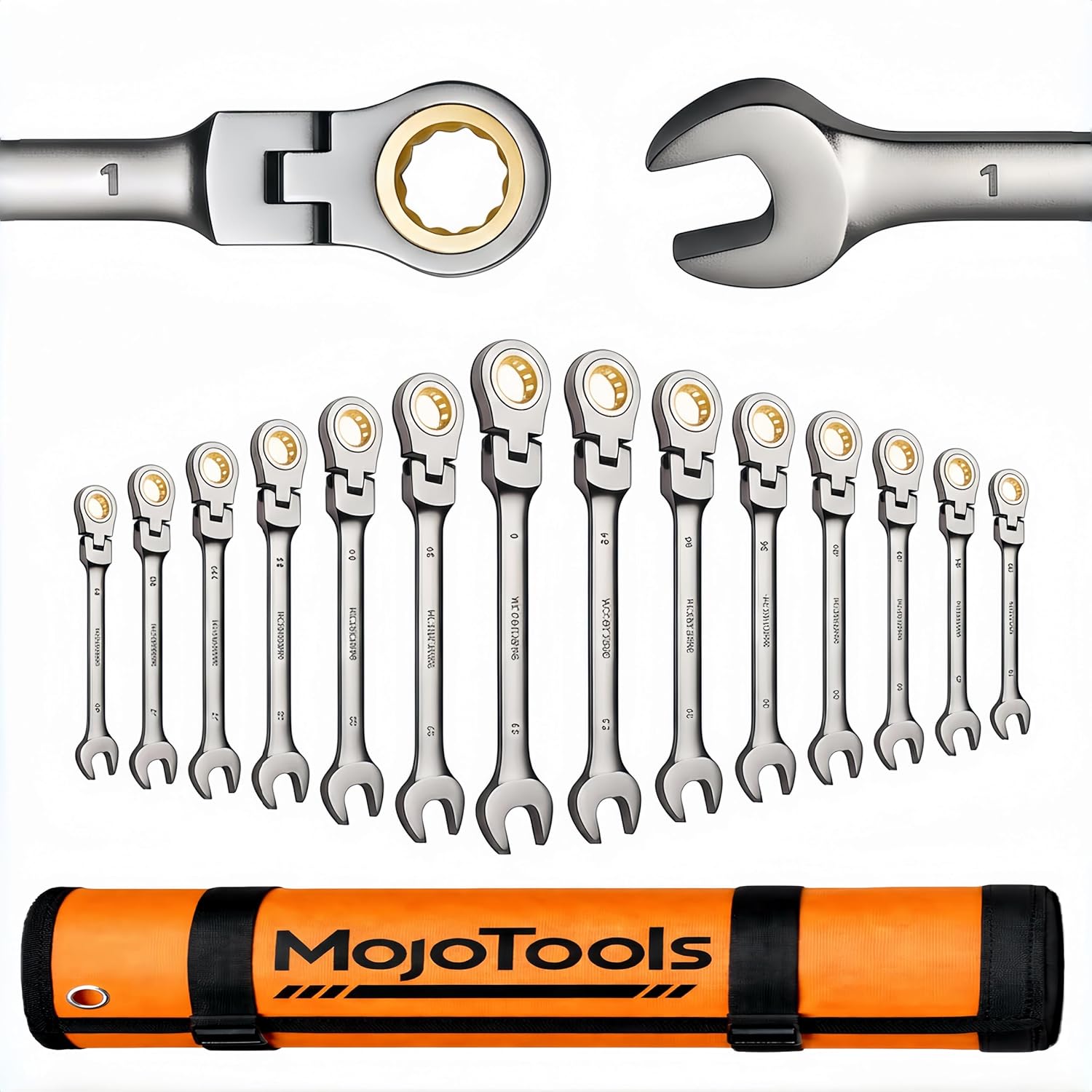 15-Piece SAE Ratcheting Wrench Set (1/4″–1″), 72-Tooth Flex-Head Combination Wrenches, Heavy-Duty Cr-V Mechanic Tool Kit with Organizer Roll Bag