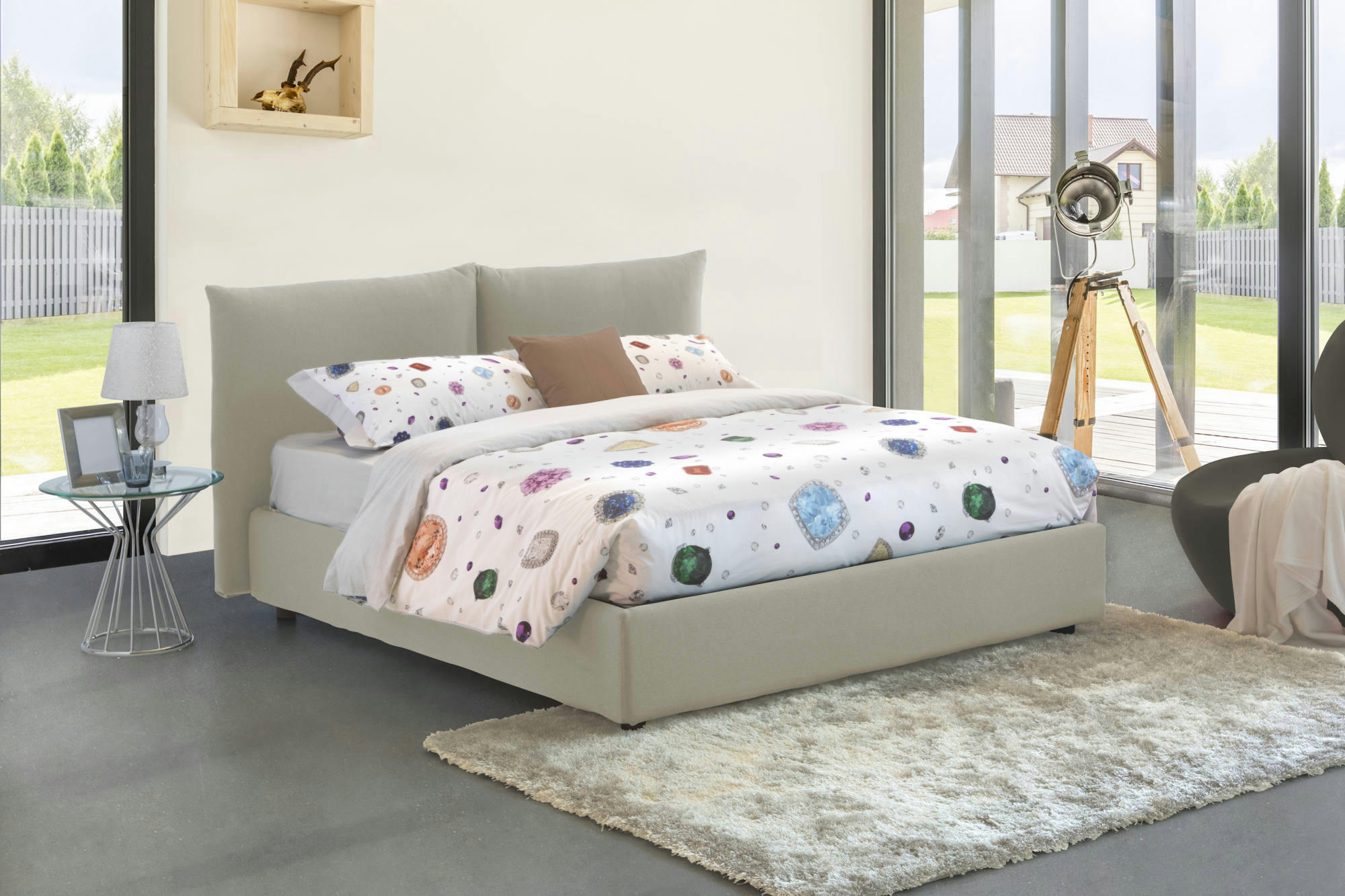 TIZIANA - Lit coffre 160x190 cm en tissu crème