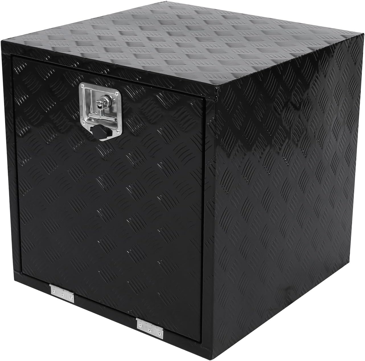 confote 24x 24x 24 Heavy Duty Aluminum Stripes Plated Tool Box Underbody Truck Box Pick Up Truck Bed RV Trailer Toolbox Waterproof Square Storage Organizer with Lock and Keys-Black