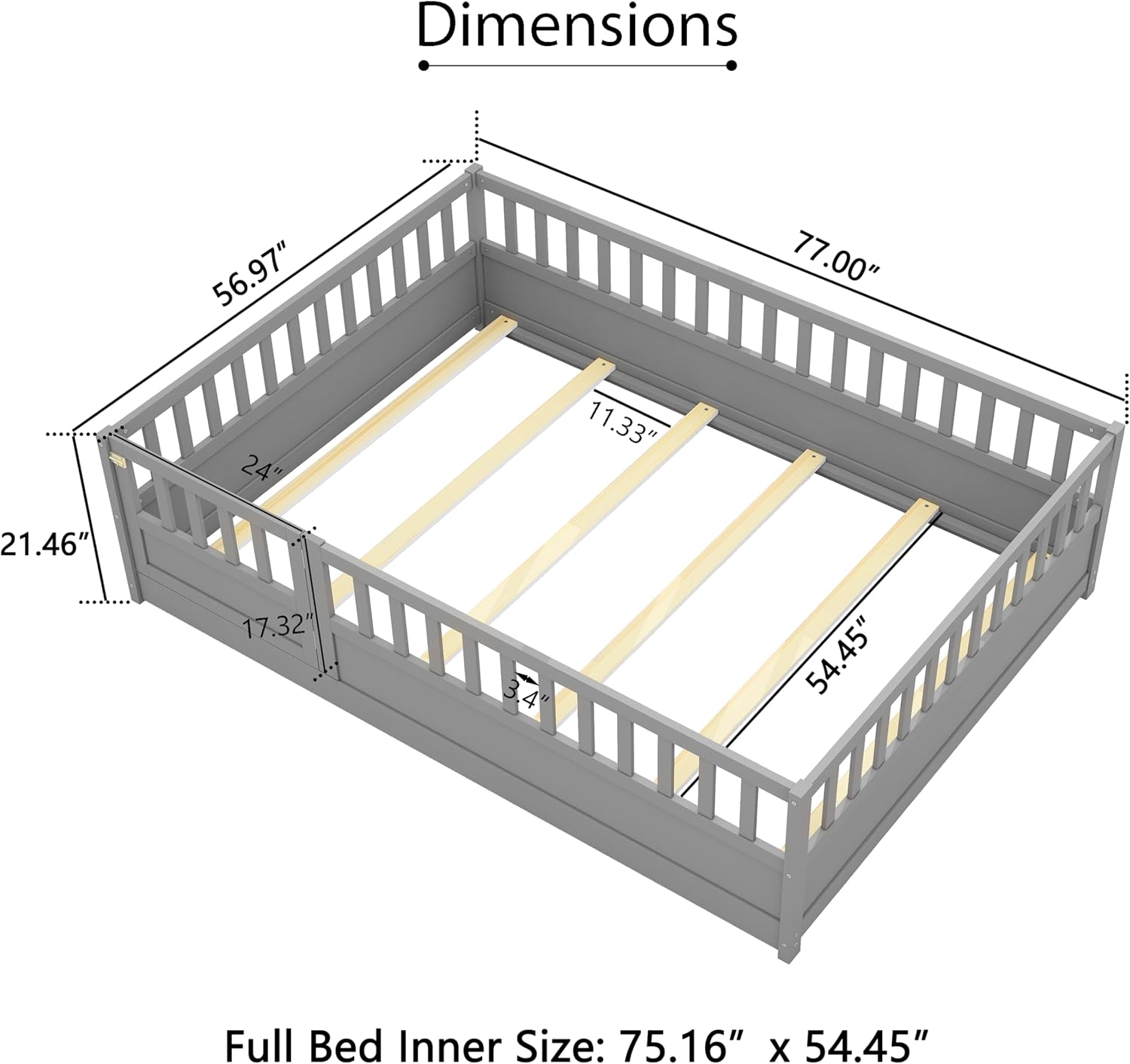 Full Floor Bed with Slats, High Fence and Door, Montessori Floor Bed Full Size, No Box Spring Needed, Easy Assemble Floor Bed(Gray Full)