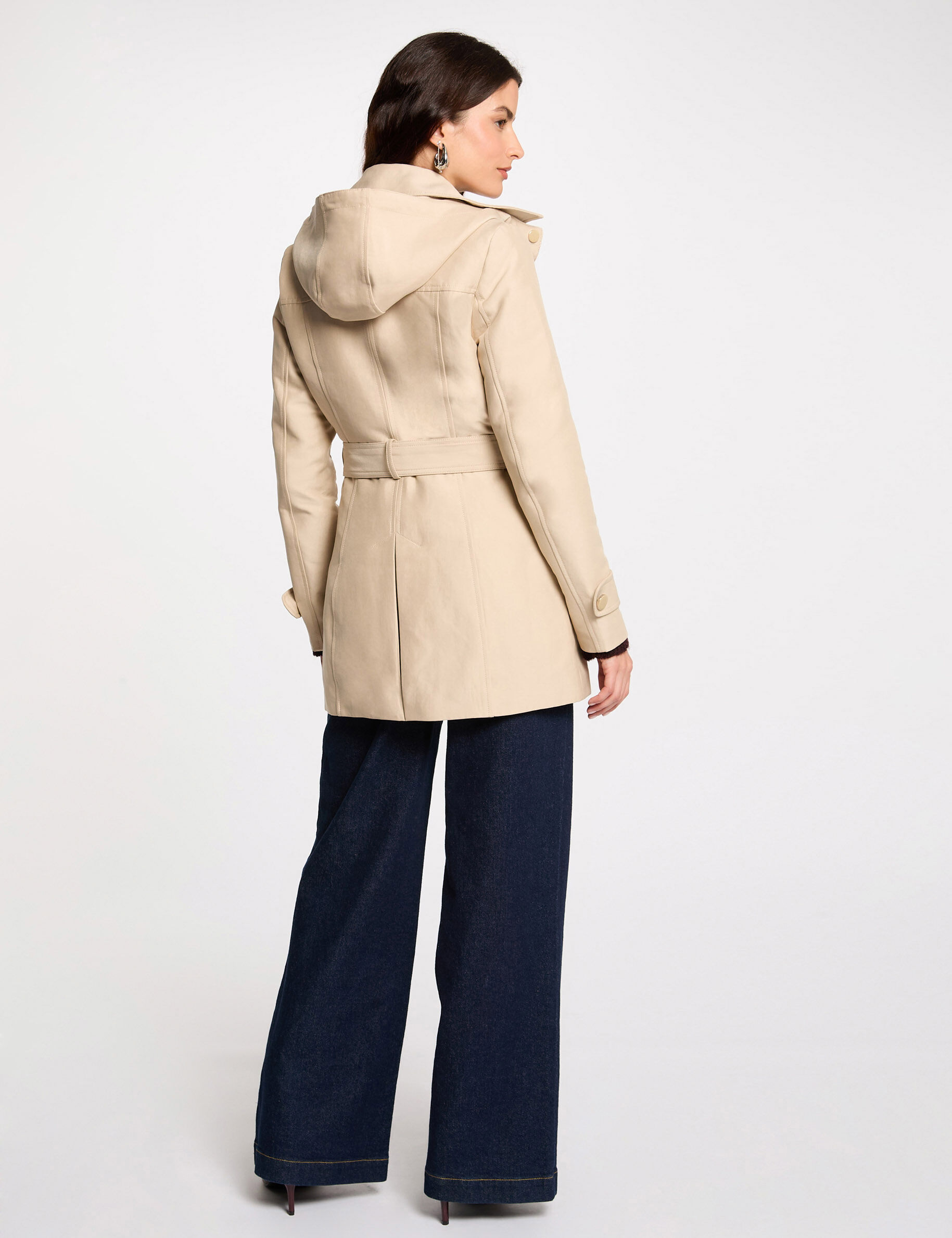 Waisted Belted Trenchcoat With Hood Sand Women