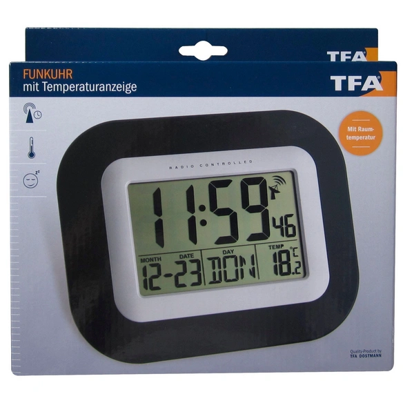 Digital-Funkuhr, Breite: 22,5 cm, Tiefe: 3,1 cm, silberfarben|schwarz