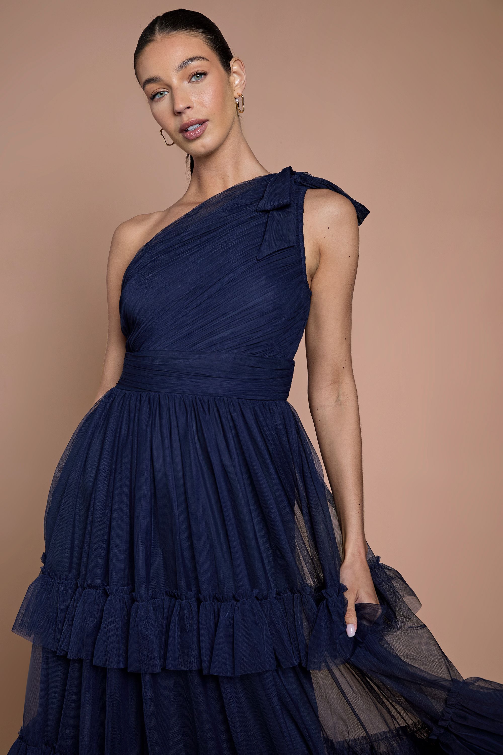 Oasis Navy Pleated Mesh One Shoulder Tiered Maxi Bridesmaid Maxi Dress