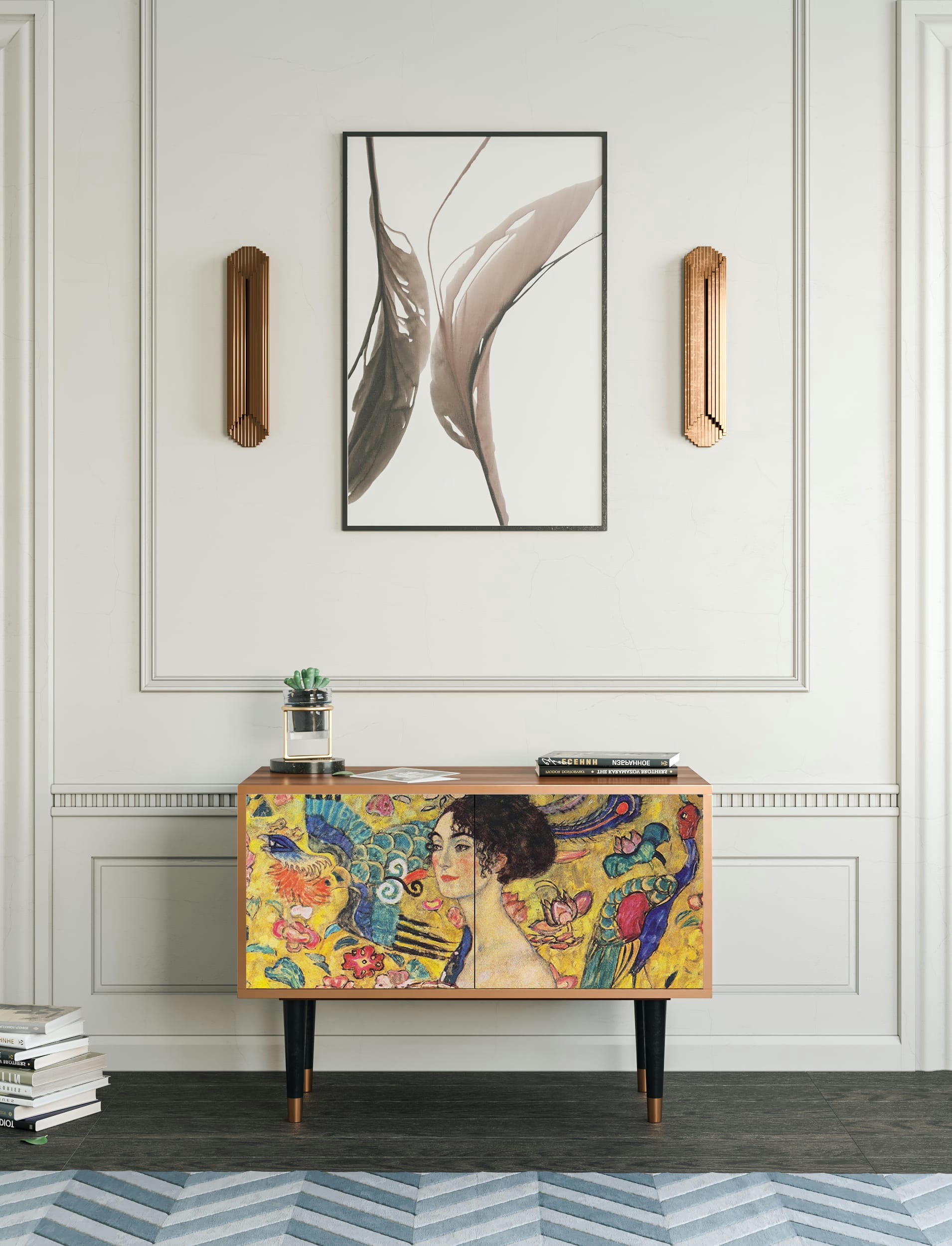 LADY WITH FAN BY GUSTAV KLIMT - Buffet bas  jaune 2 portes L 94 cm