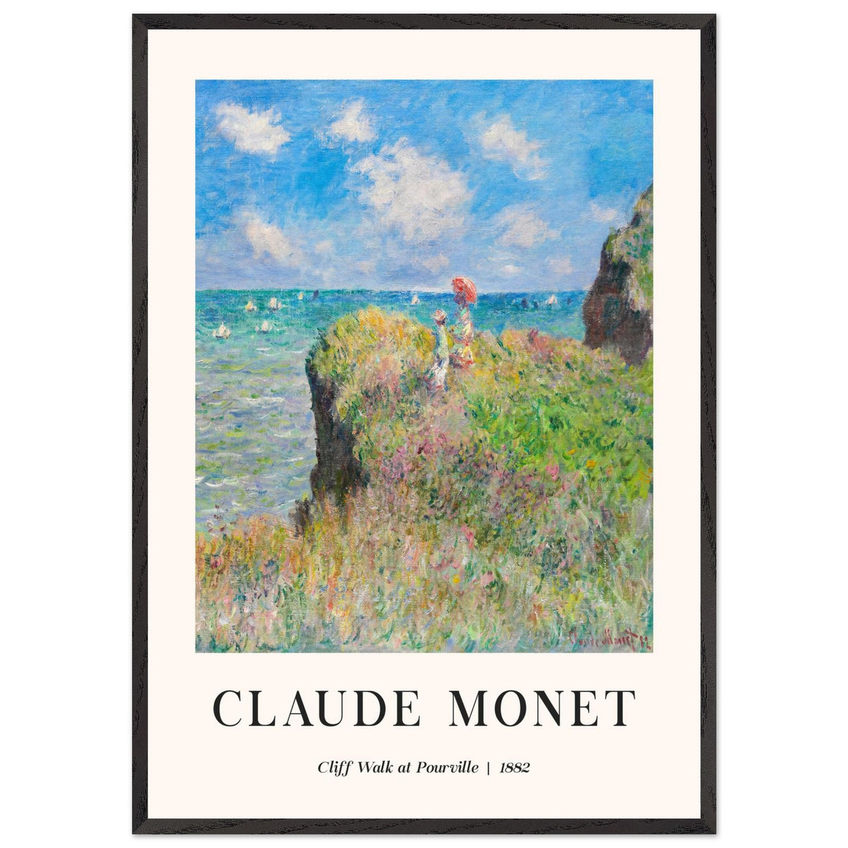 Artfulprints Poster met Lijst Claude Monet - Cliff walk at Pourville  - 70x100 cm - Blauw