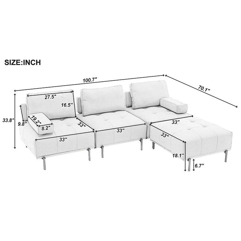 Grey 100.7'' Fabric L-Shaped Sofa, 3-Seater with Metal Legs, Movable Ottoman, and Removable Back Cushions