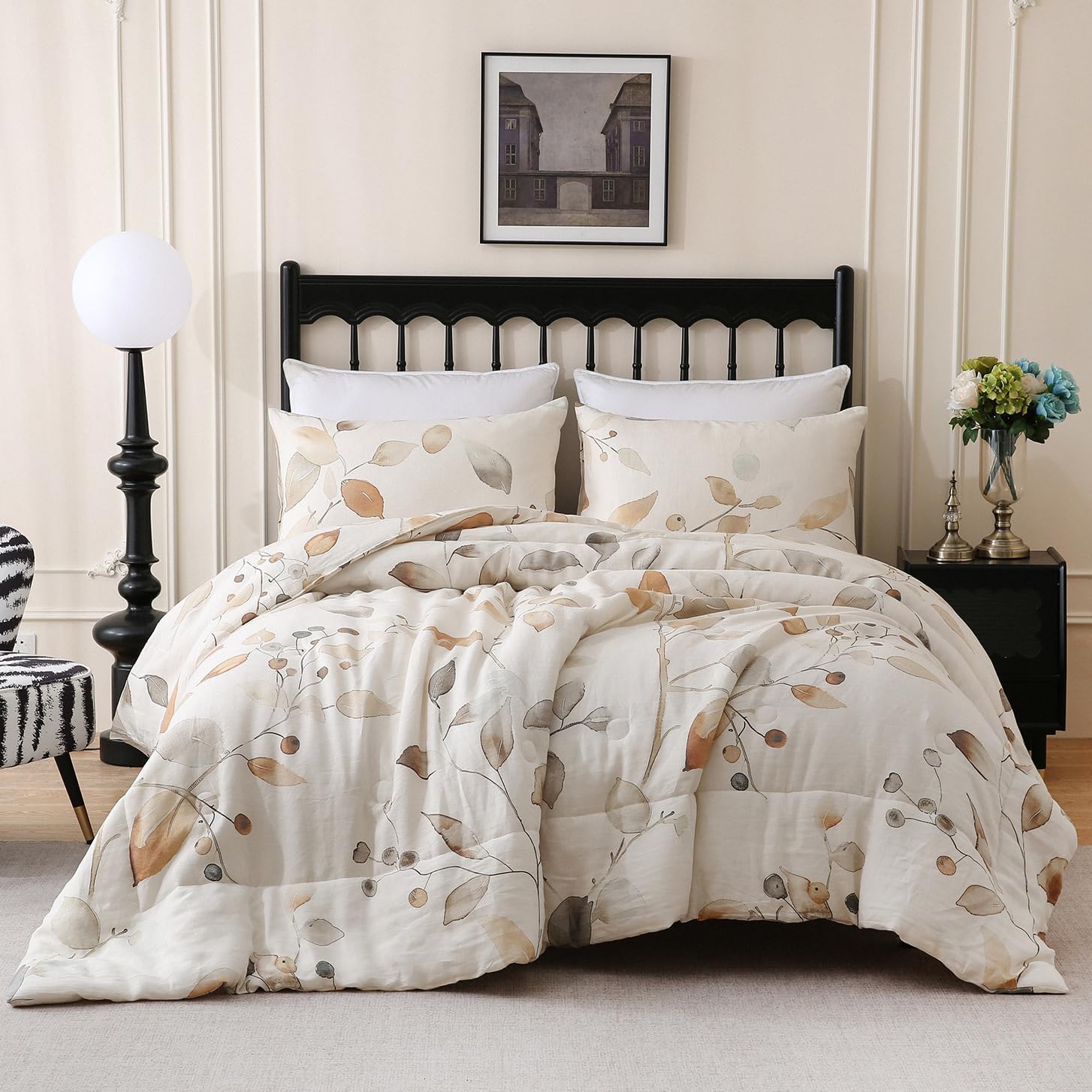 Merryword Linen Leaves Comforter Set Queen Size 3 Pieces Natural French Flax Linen Bedding Soft Breathable Moisture Wicking Comfy