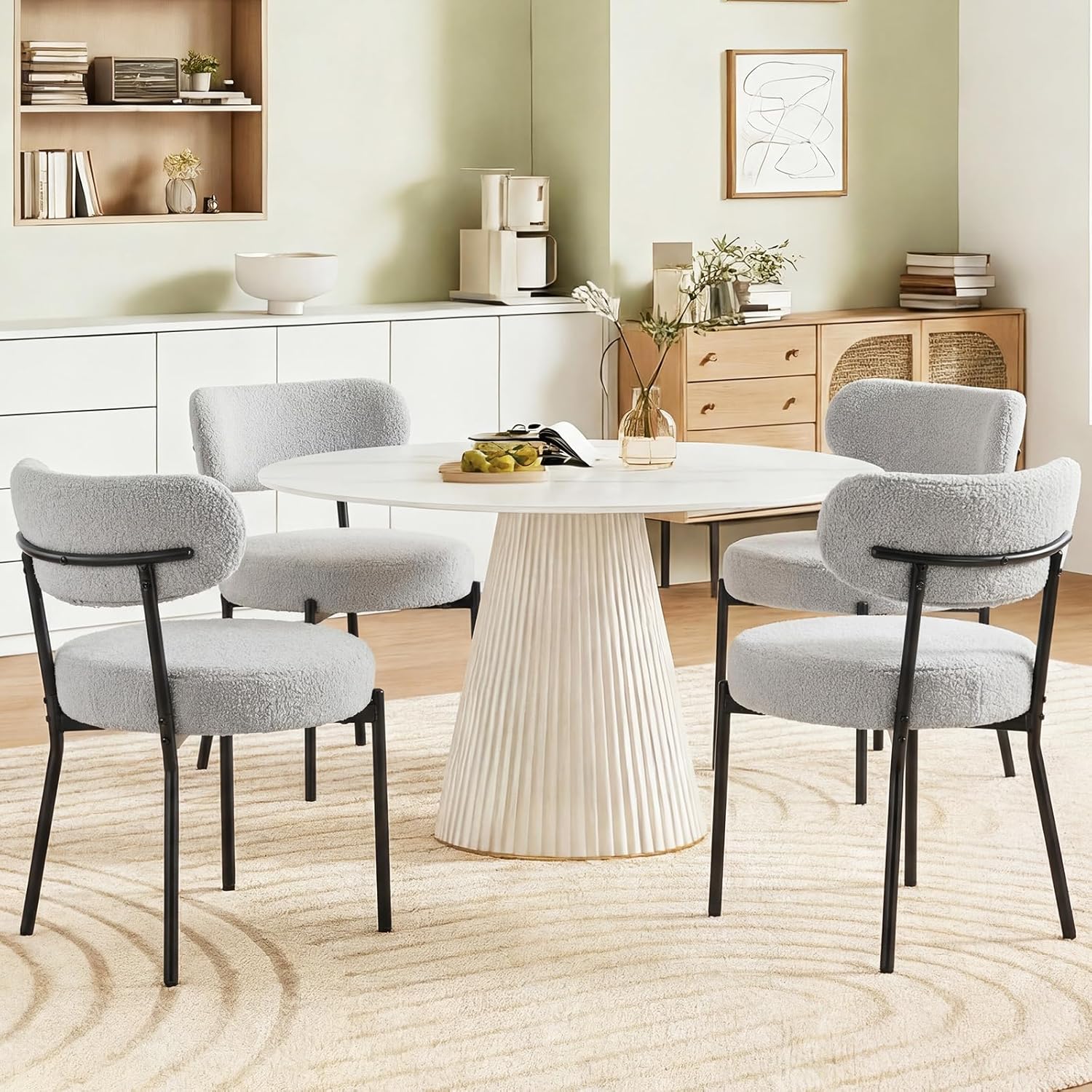 DUMOS Dining Chairs Set of 4, Mid Century Modern Chair Round Upholstered Curved Backrest, Kitchen Vanity Living Room Chairs with Black Metal Legs，Classic Grey