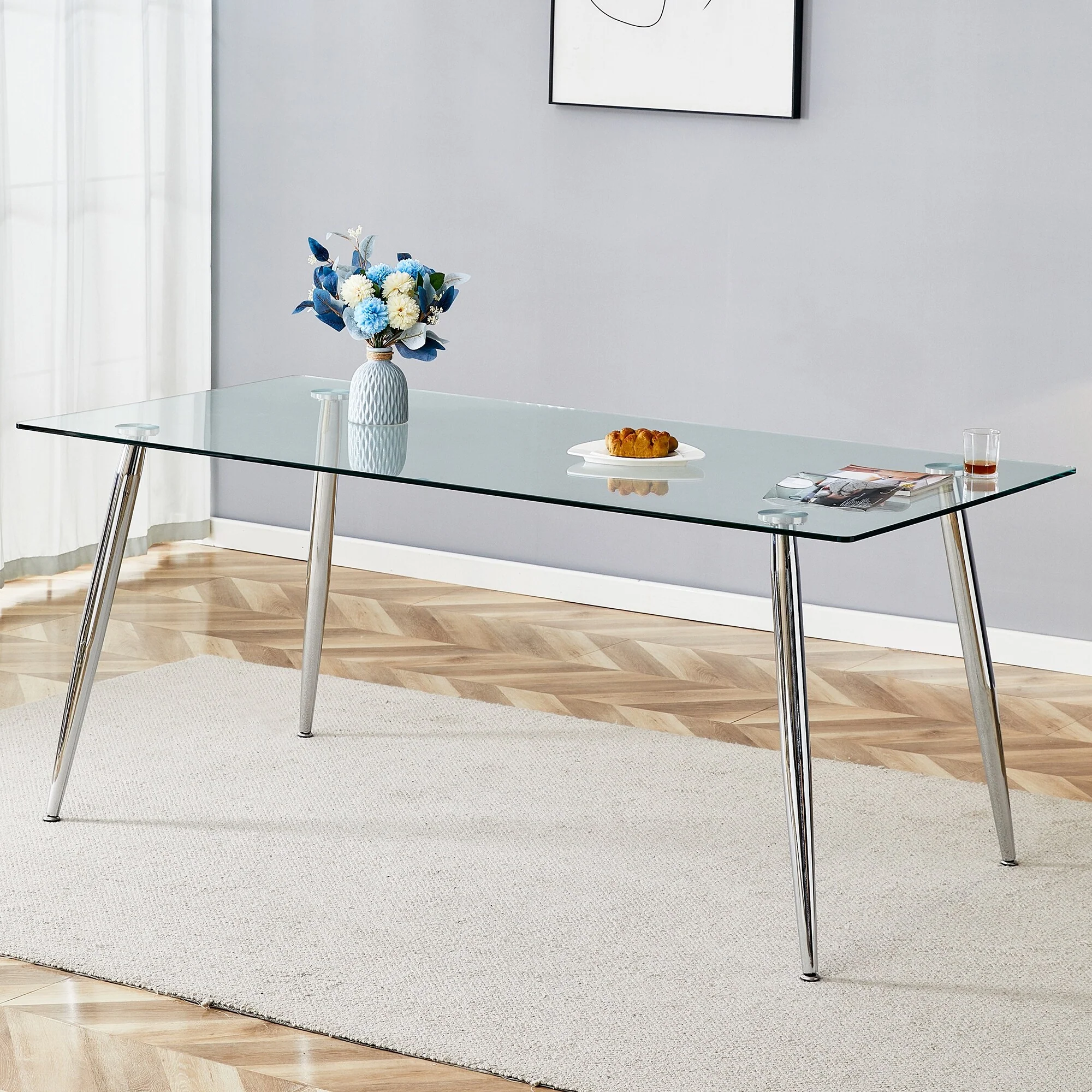 Modern rectangular glass dining table, suitable for 4-6 people, with tempered glass countertop and metal table legs