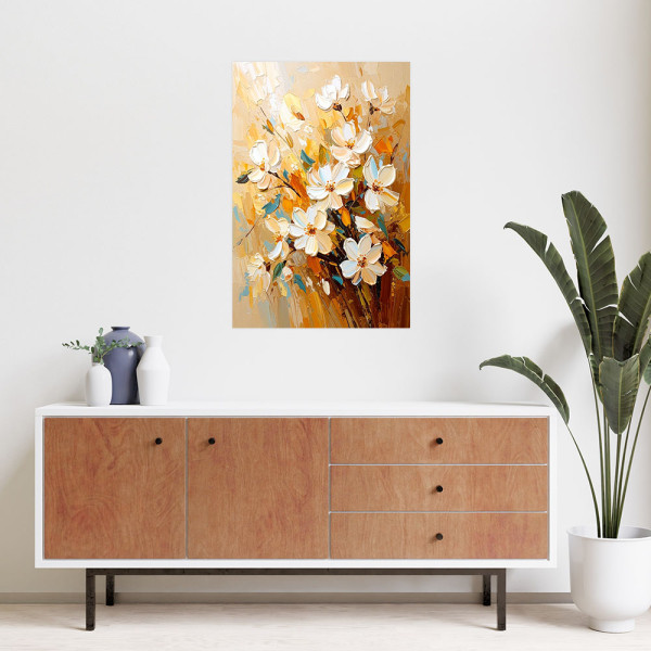 Naklejka na ścianę do salonu Feeby Białe Kwiaty efekt farby olejnej 20x30