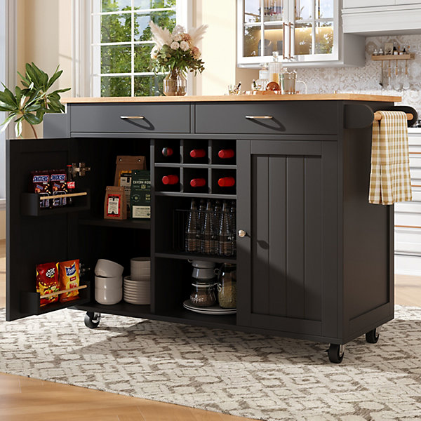 Îlot de Cuisine Moderne avec Rangements et étagères - Desserte Multifonction en métal et MDF, 102 x 45 x 92 cm, Noir