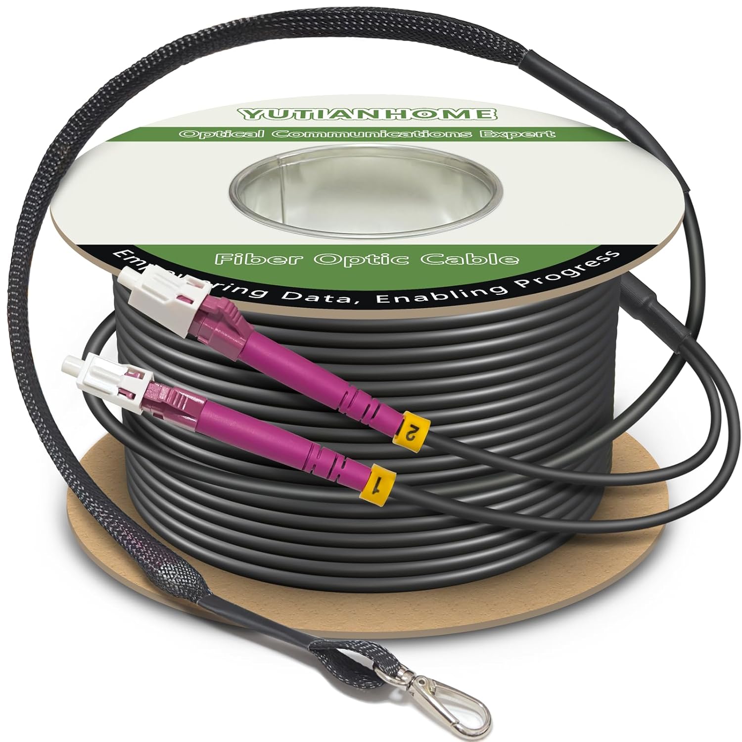 500ft/150m OD-5mm Industrial TPU OM4 Fiber LC to LC Outdoor Armored Fiber Patch Cable  Duplex Multimode Fiber Optic Cable  40G/100G  50/125  OM4 LC-LC with Pulling Eye Kit Installed on one end