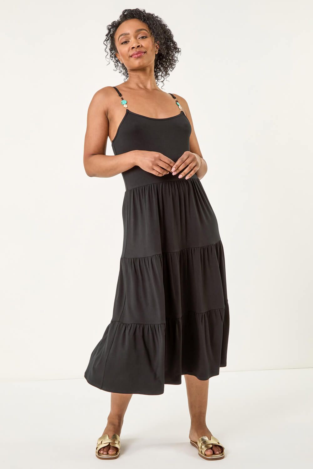 Roman Petite Bead Trim Strappy Tiered Dress