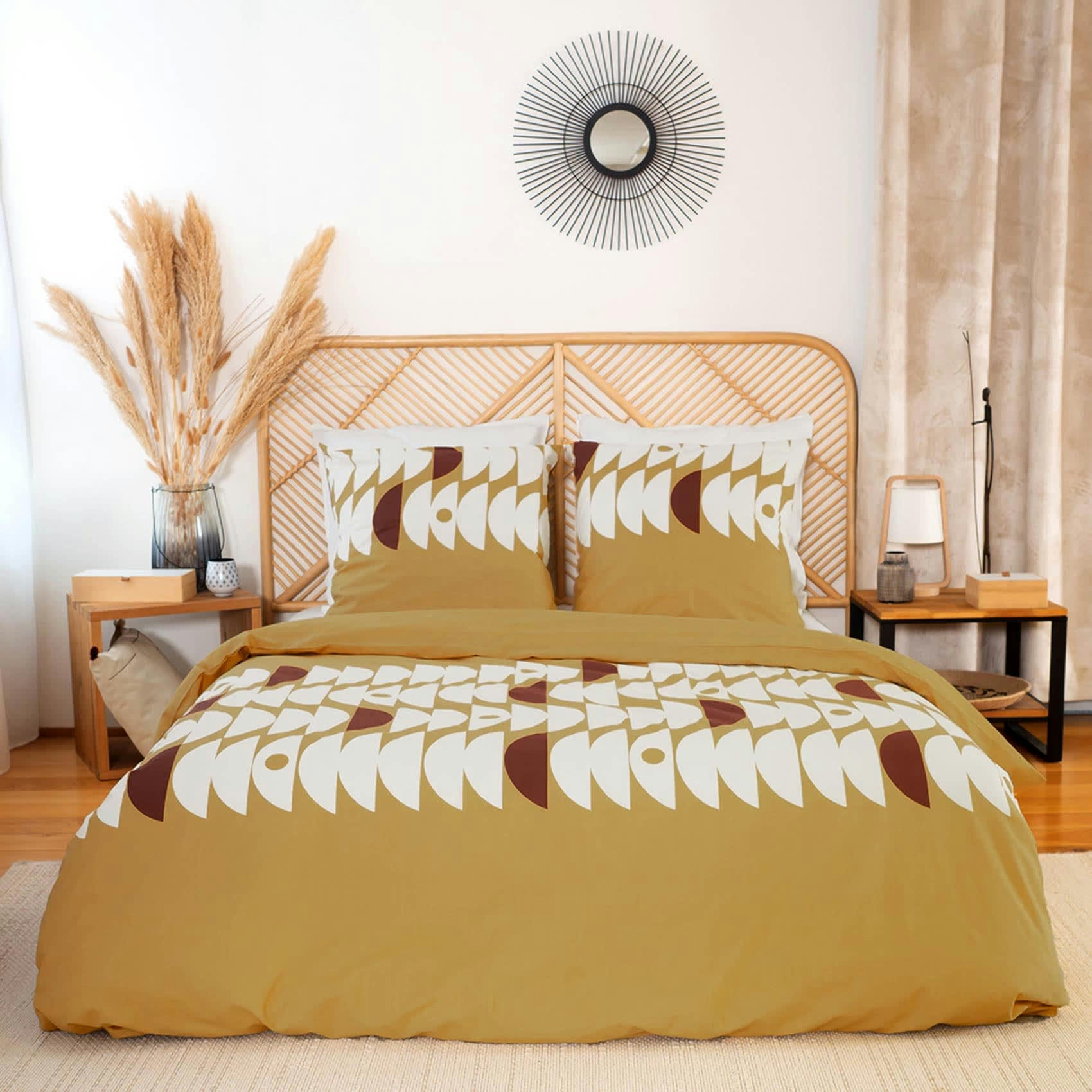 - Parure de lit esprit ethnique coton jaune moutarde 240x220 cm