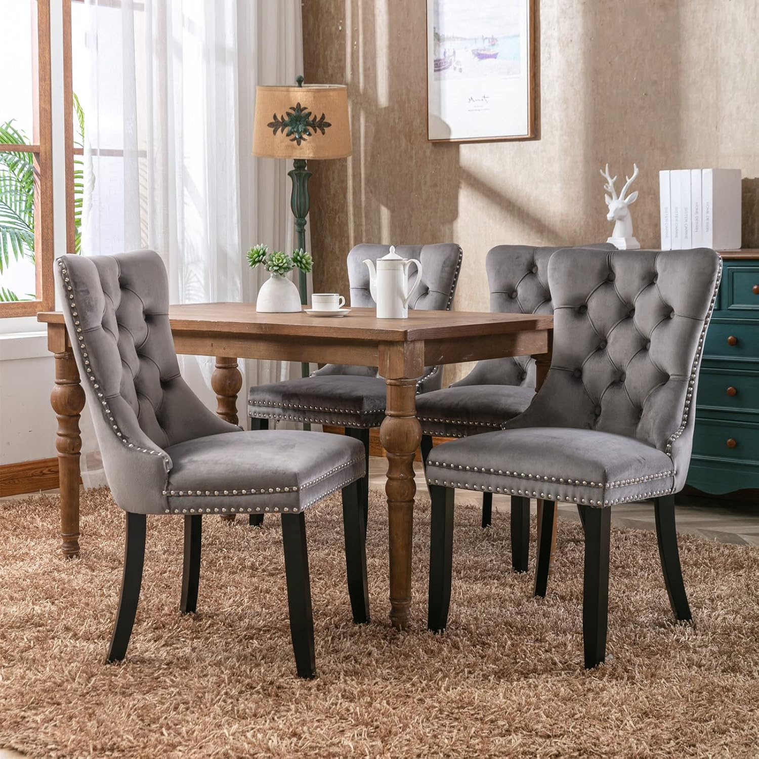 Modern Kitchen Chairs Set of 4 Grey Velvet Dining Room Chairs with Back Ring Pull Nailhead Trim Solid Wood Leg Upholstered Tufted Table Chair for Western Restaurant Living Powder Room Hotel