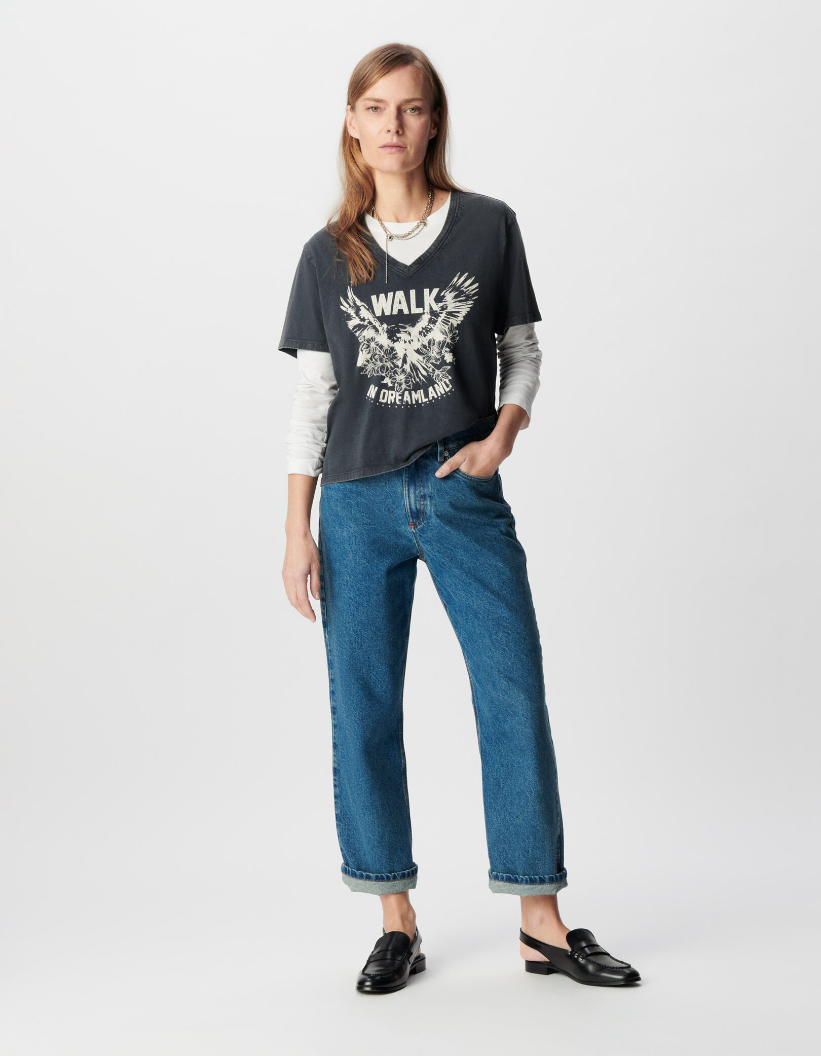 Tee-shirt col V noir coton bio délavé visuel aigle Femme