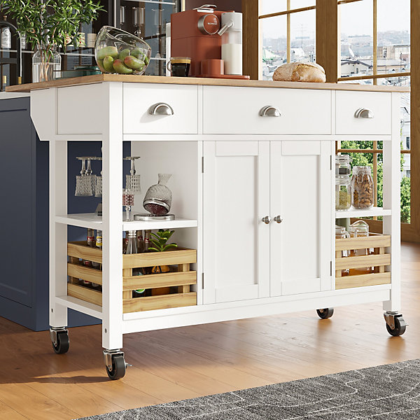 Îlot de cuisine moderne 120x73x90 cm, avec tiroirs et portes d'armoire, comprenant des paniers de rangement en pin, blanc
