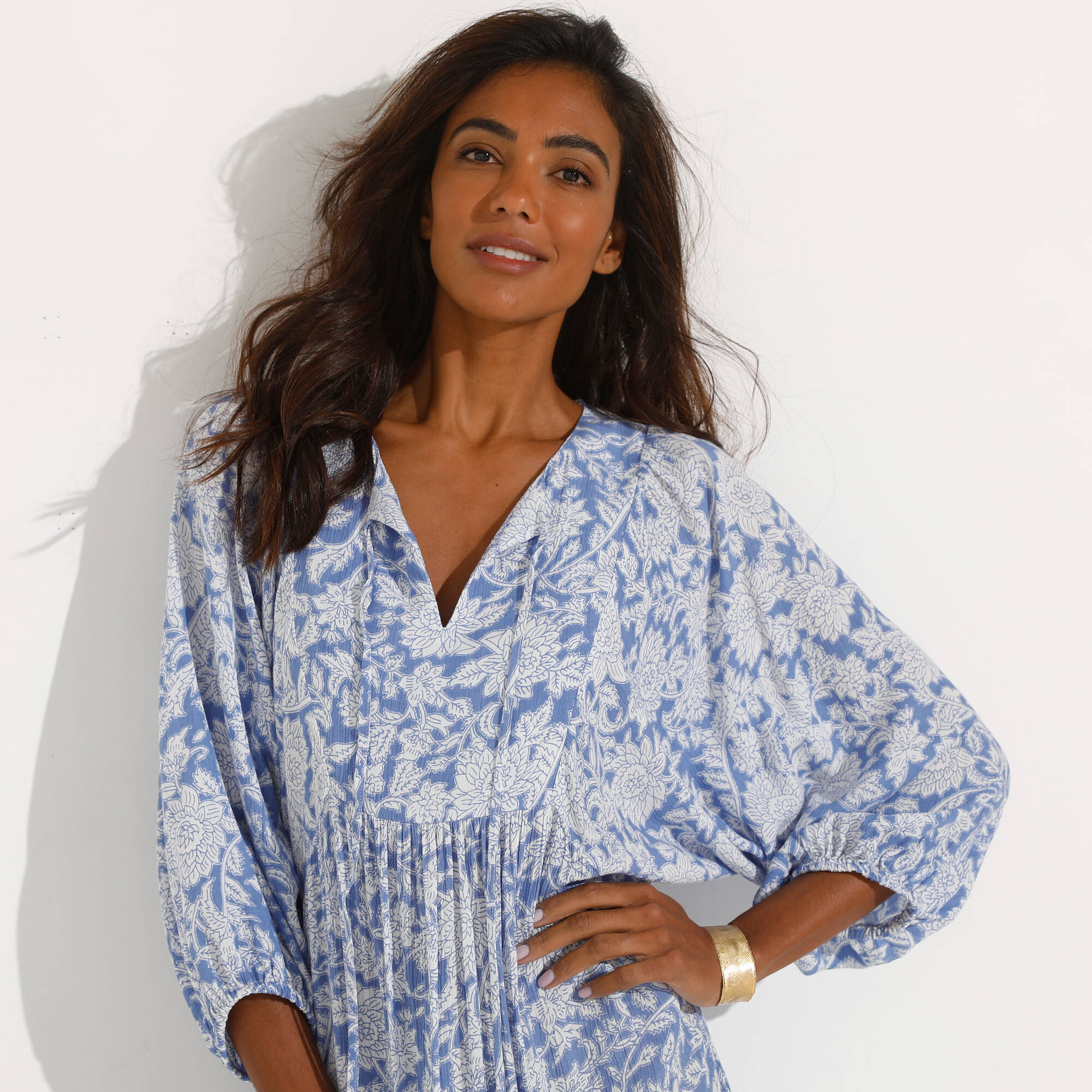 Robe longue imprimée, crépon