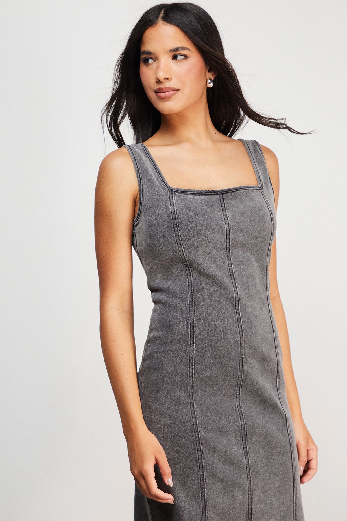 Warehouse Seam Detail Fitted Denim Midi Dress