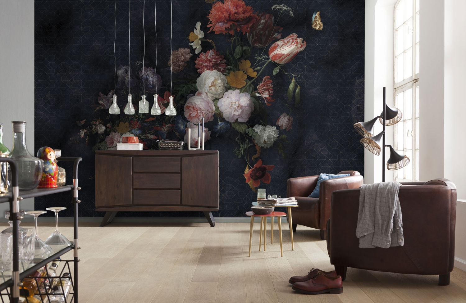 Komar fotobehang vintage bloemen multicolor op zwart - 350 x 250 cm - 611648