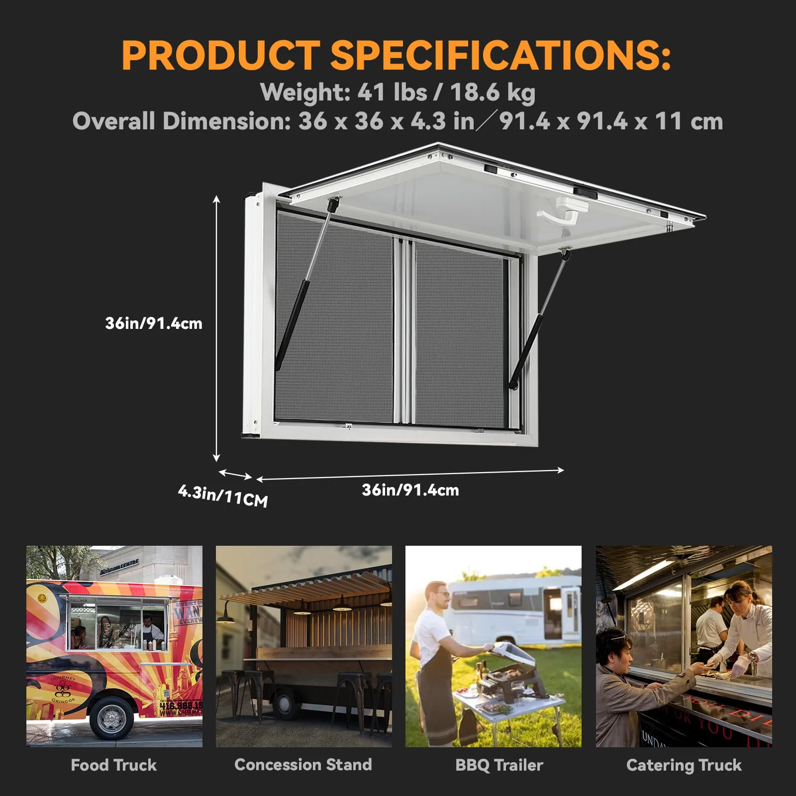Concession Window 36W x 36H Aluminum Alloy Food Truck Service Window with Sliding Screens  Awning Door, Hydraulic Lift, Locking Mechanism, Versatile for Catering