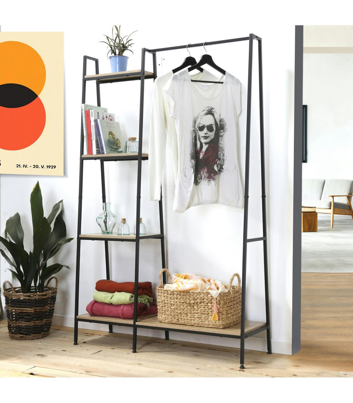 - Penderie Industrielle 1 Tablette Basse avec 4 Étagères - Marron