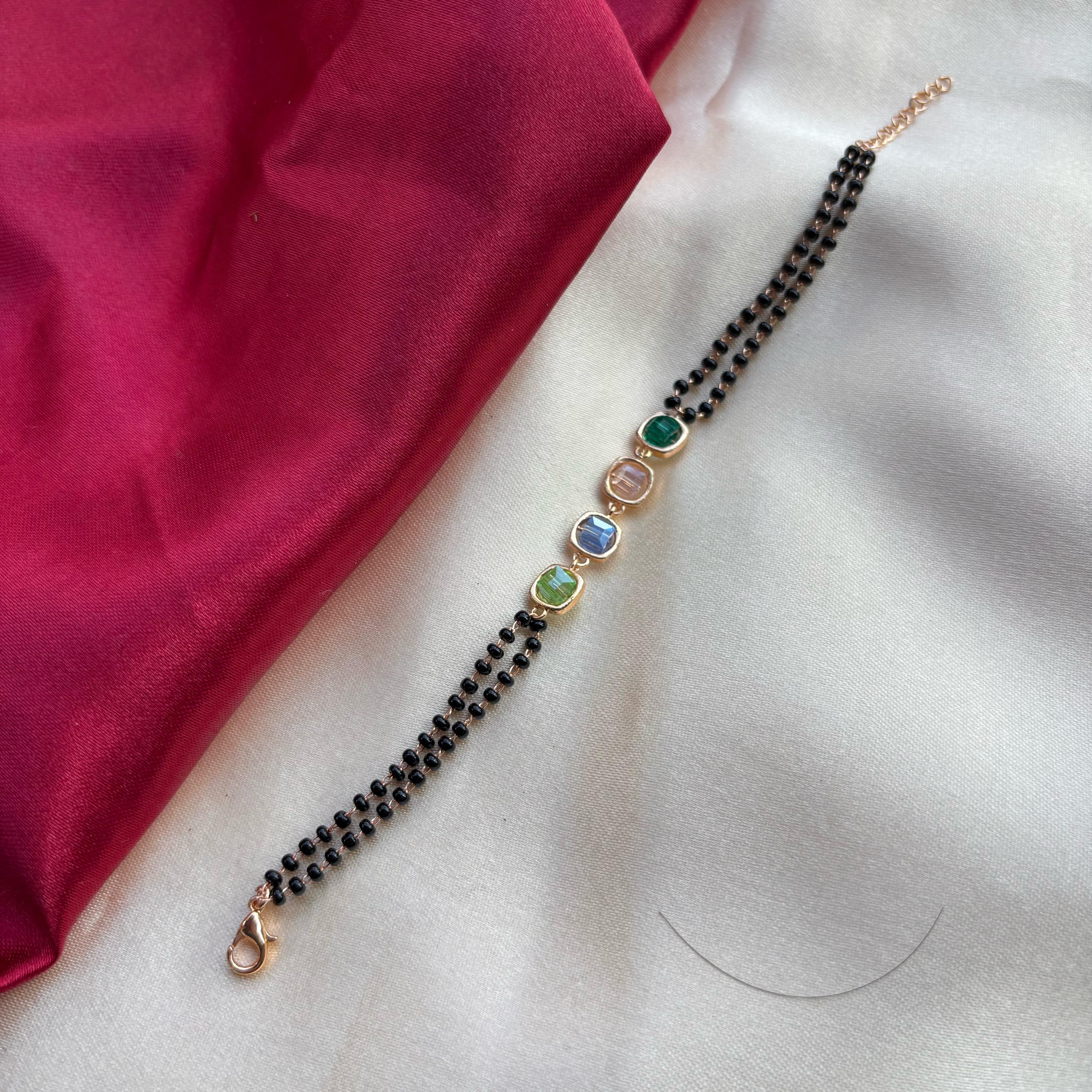 The Colourful Aura Minimalistic Black Beaded Multicolour Stone Slim Mangalsutra bracelet