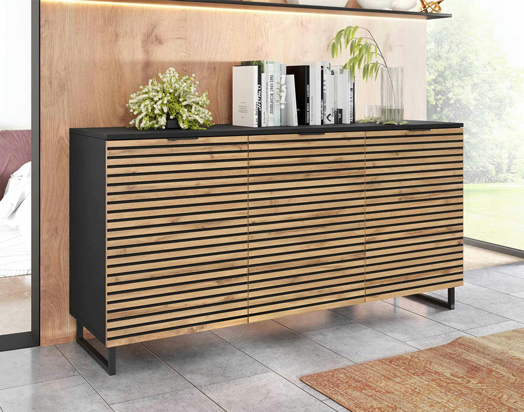 OLYMPIE - Buffet bas contemporain 150 cm noir / bois