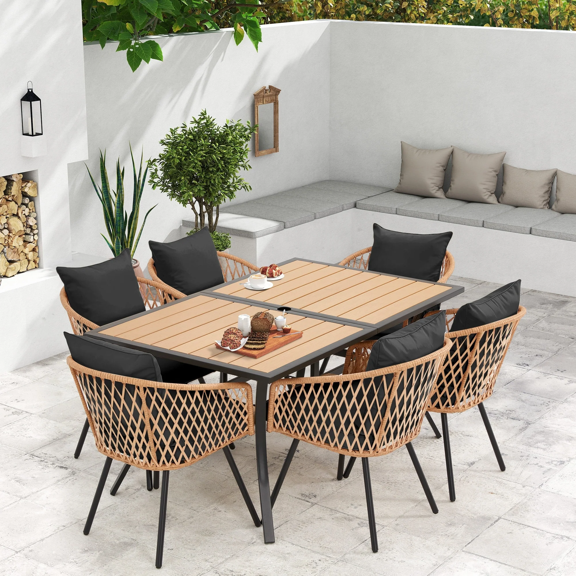 Outdoor All-Weather PE Rattan Patio Dining Sets,Durable WPC Tabletop, Outdoor Table and Chairs with Removable Cushion