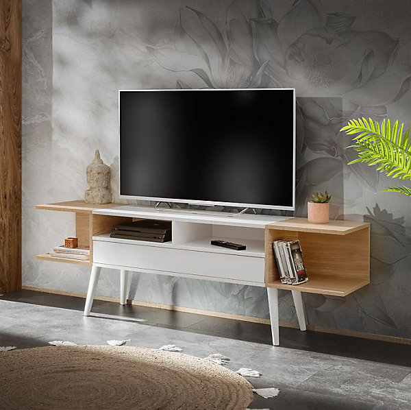 Meuble TV komodee FORIO - 6 compartiments - Blanc - Chene - 160 x 35 x 52 cm