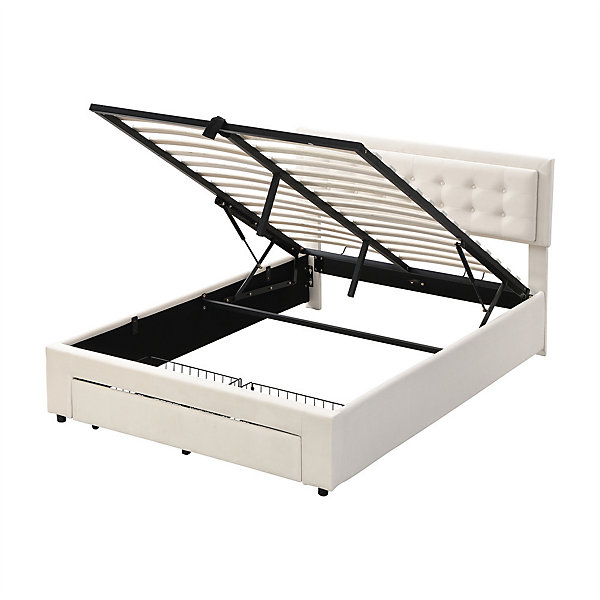 Lit adulte lit coffre lit 140x190 cm lit de rangement lit rembourré hydraulique lit 2 tiroirs lit double velours beige