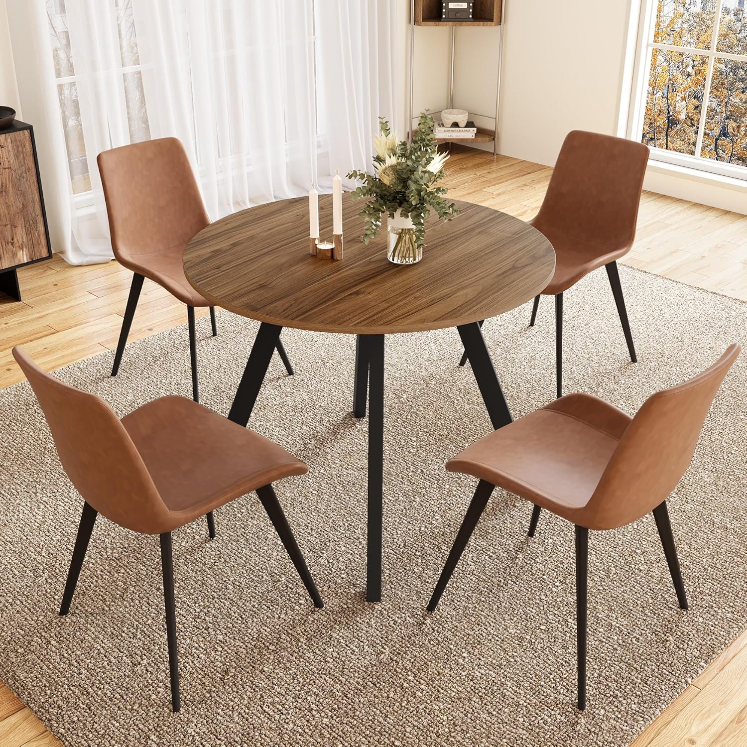 34.6'' Round Dining Table and Chairs for 4 Space Saving for Apartment Kitchen Dining Room (Walnut Table+4 Brown Chairs)