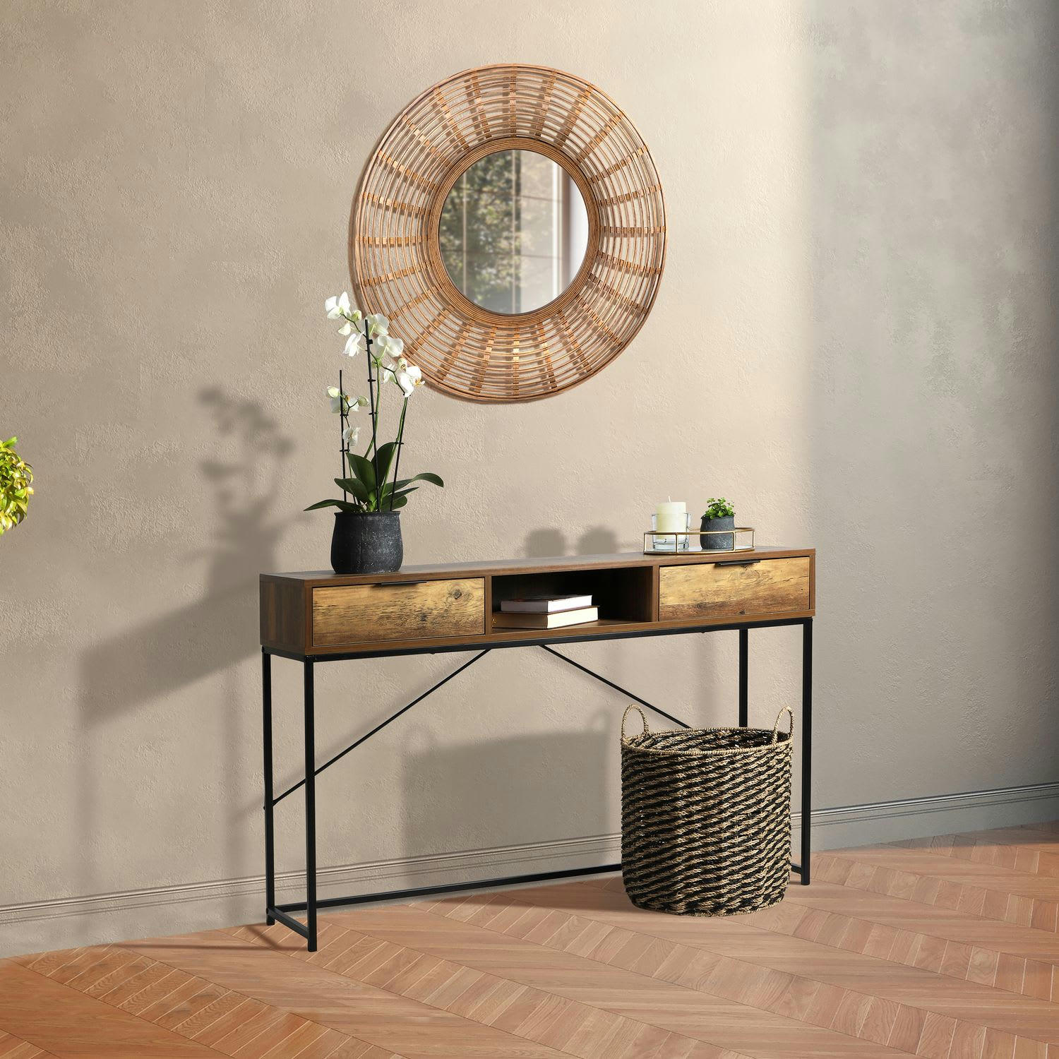 JOYA - Console en mdf et métal 2 tiroirs et 1 niche ouverte marron