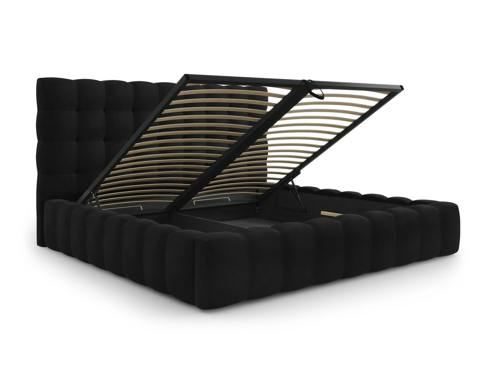 MAMAIA - Lit coffre en avec tête de lit 200x200cm en tissu velours noir