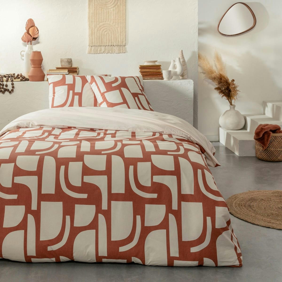 OUMY - Parure de lit 2 personnes coton  imprimé ocre 240x220cm