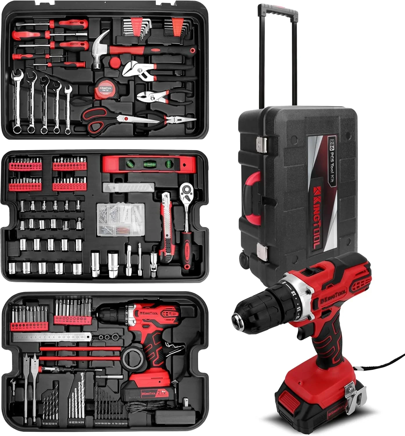 Home Tool Set Kit - 286 PCS Home Auto Repair Tool Kit with Rolling Tool Box, Mechanic Tool Sets with 21V Max Cordless Power drill, Perfect for Homeowner, Diyer, Handyman(286-Pieces)