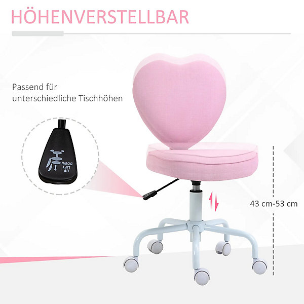 Chaise de bureau - Chaise pivotante rose avec coussin cœur, Chaise de maquillage confortable design en mousse, 40x50x89 cm