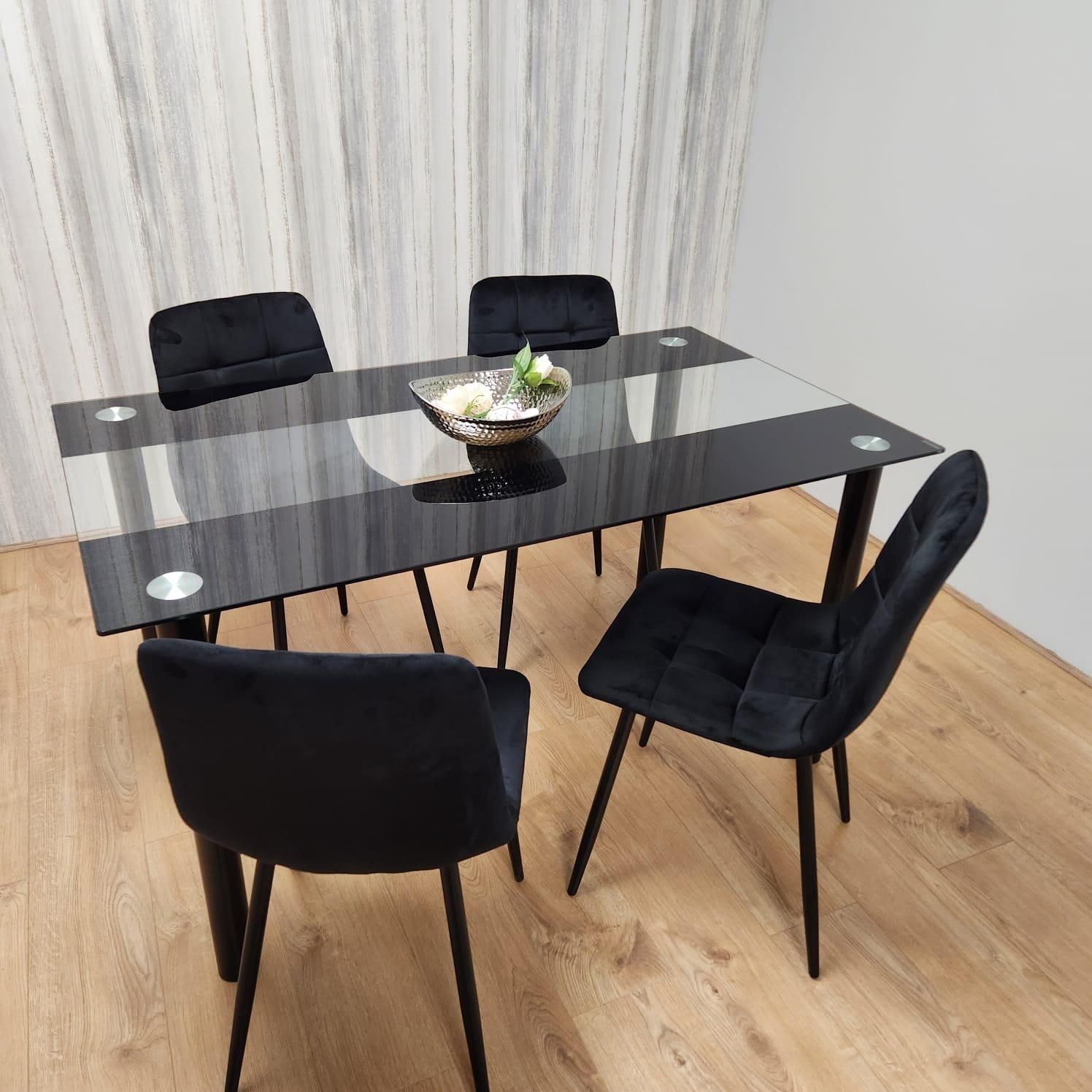 KOSY KOALA Black Clear Glass Dining Table With 4 Black Tufted Velvet Chairs Kitchen Dining Set