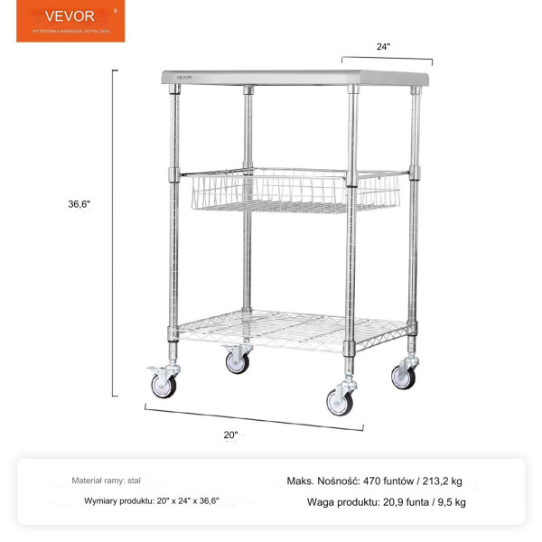 Regał wózek mobilny kuchenny stolik na kółkach blokada kółek 51x61x93 cm