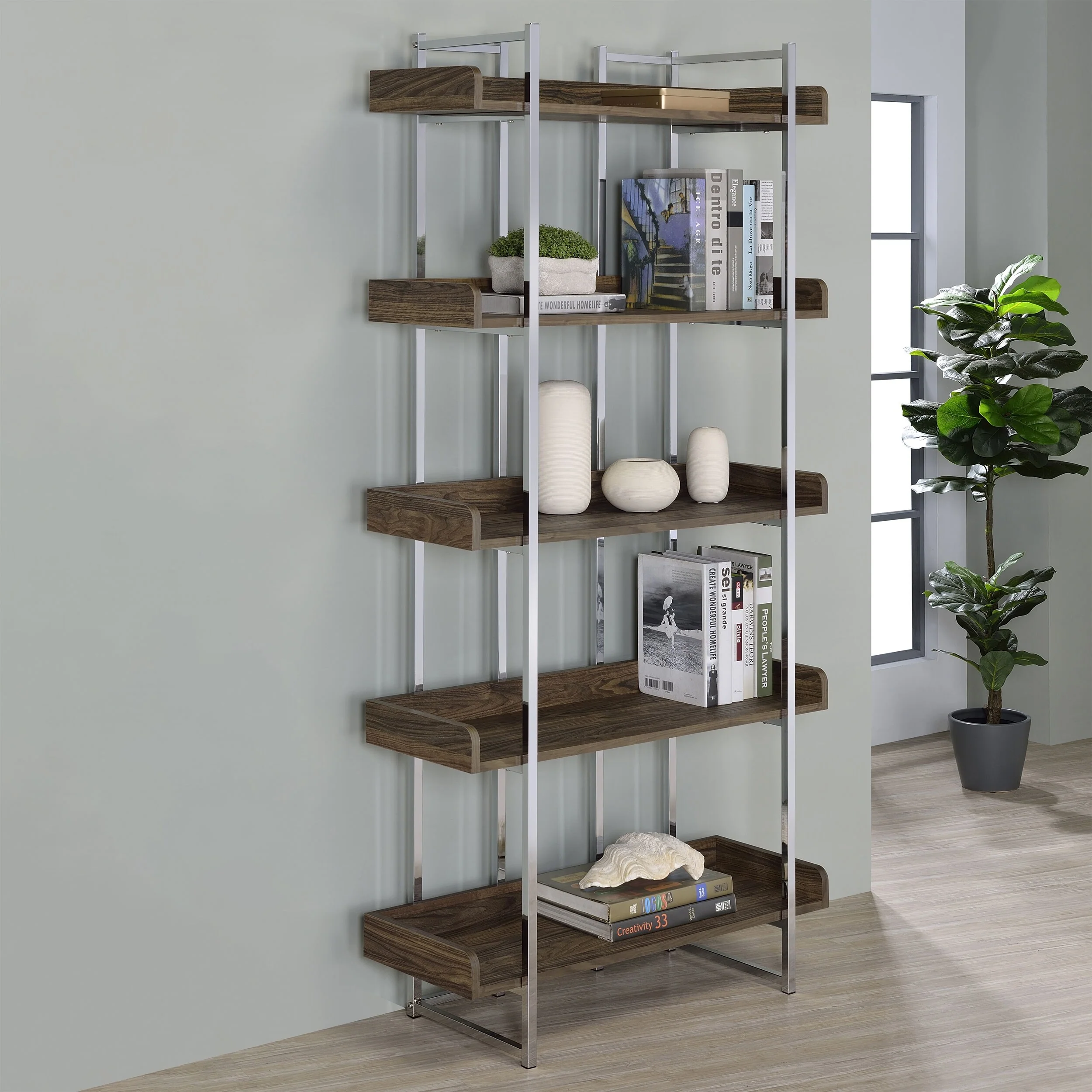 Angelica 70-inch 5-shelf Bookshelf Walnut and Chrome - 31.50 x 13.25 x 70.25