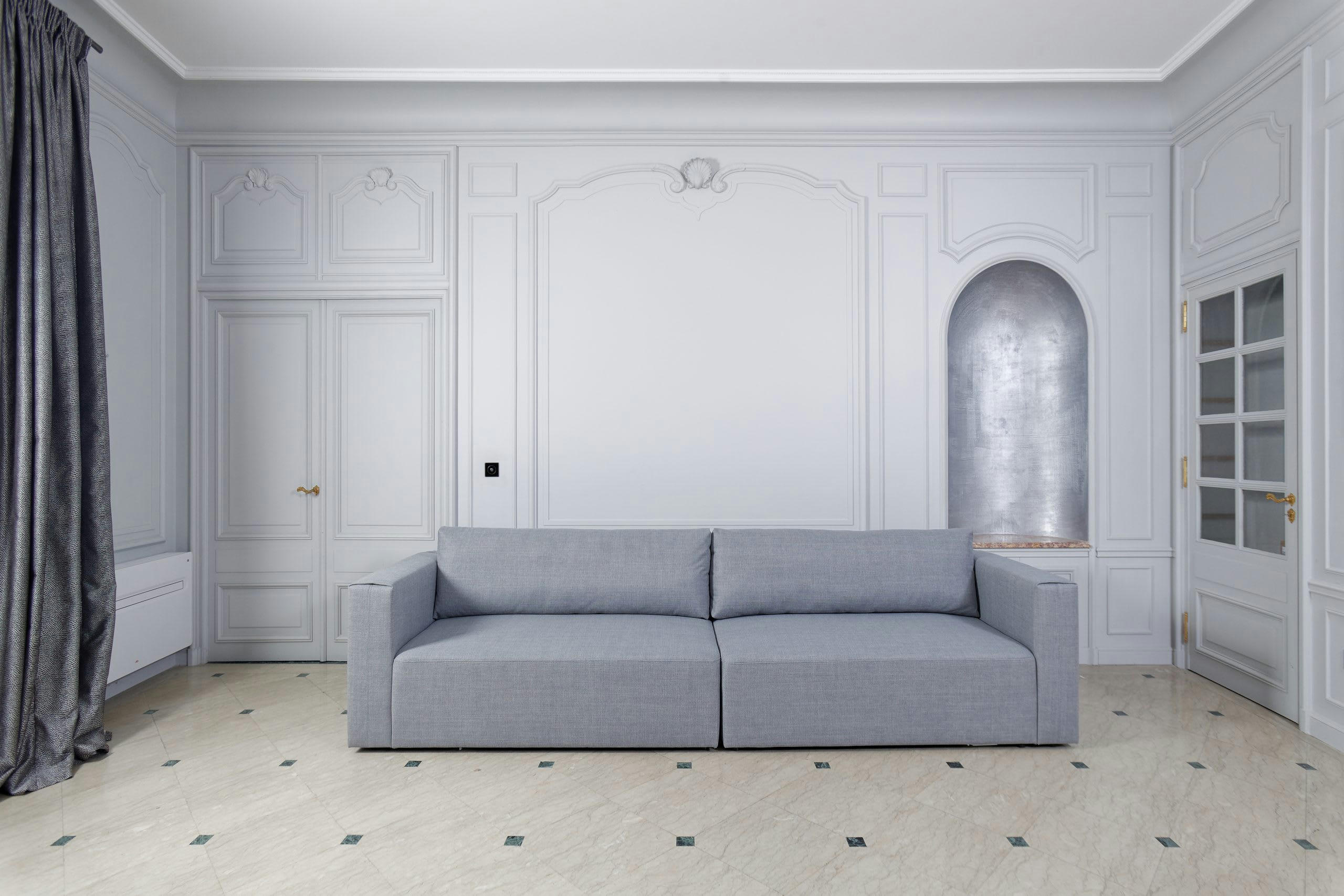 CARDINAL - Canapé droit modulable 5 places en tissu chiné gris