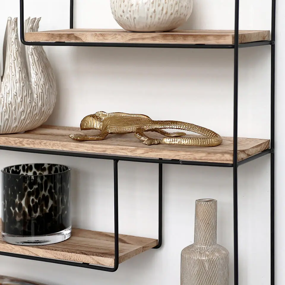 Zwart metalen wandrek met 4 houten plankjes - Rechthoek - 55x45x11 cm