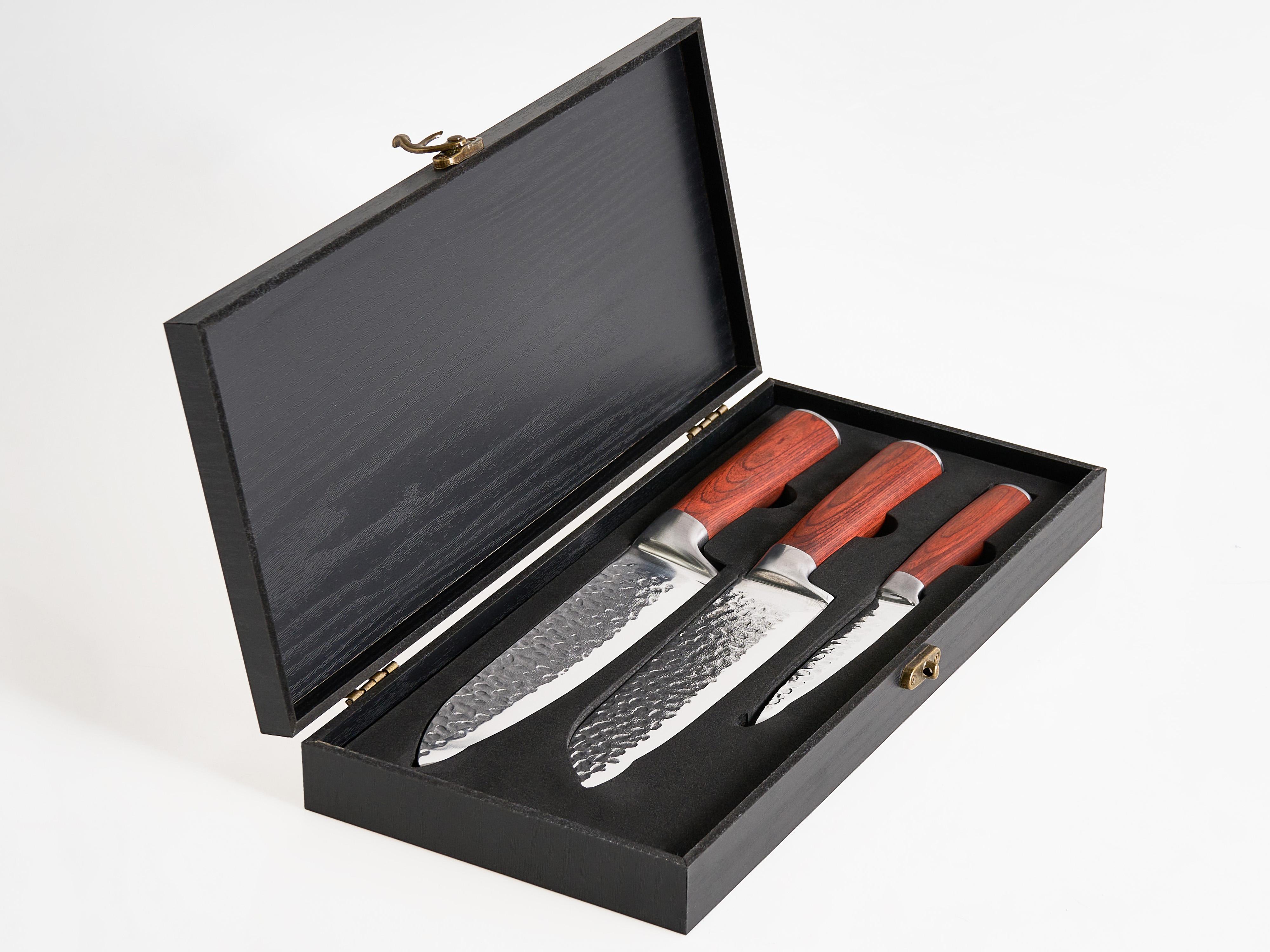Set of 3 Knives Damascus Steel KASHIWA Brown