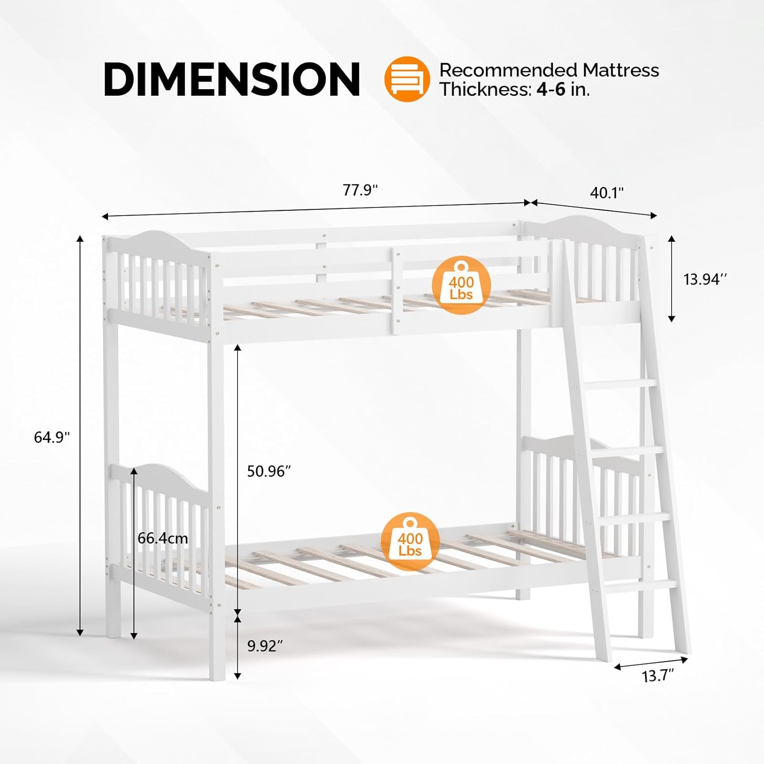 VINGLI Solid Wood Bunk Bed Twin Over Twin Classic, Twin Bunk Beds for Kids and Adults with Full Length Guardrails and Flats Pedals,Easy Assembly,No Box Spring Required,White