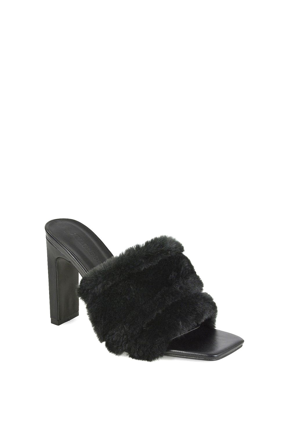 XY London Hunter' Fluffy Faux Fur Square Toe Slim Block Heel Mules