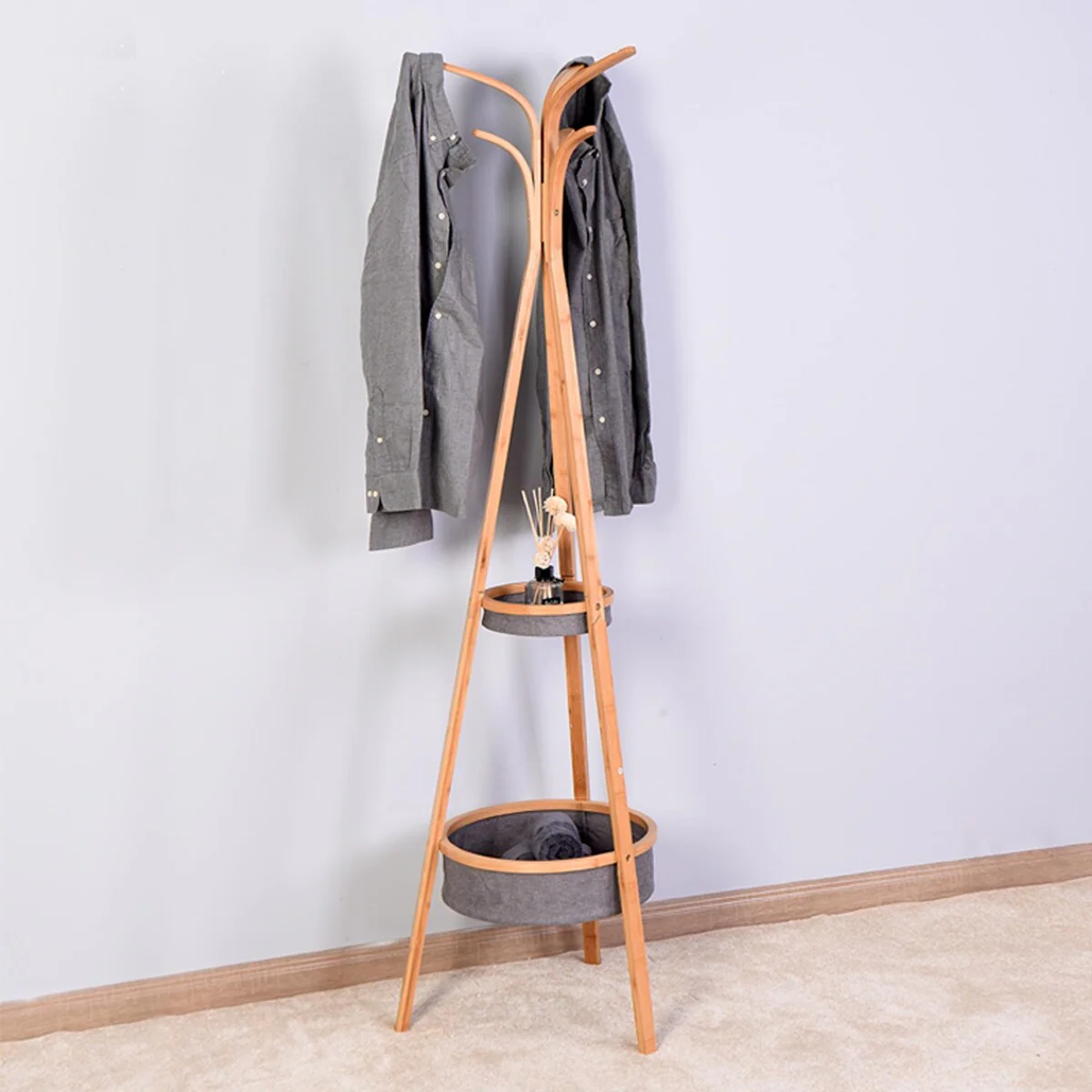 15.1 x 66.9 inch Living Room Bamboo Coat Rack with Storage Rack