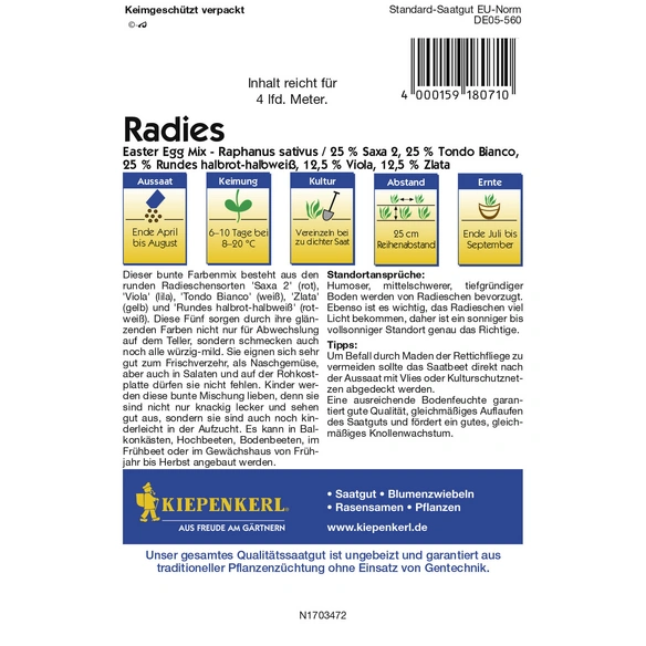 Radieschen, Raphanus sitivus var. sativus, für ca. 4 lfd. Meter