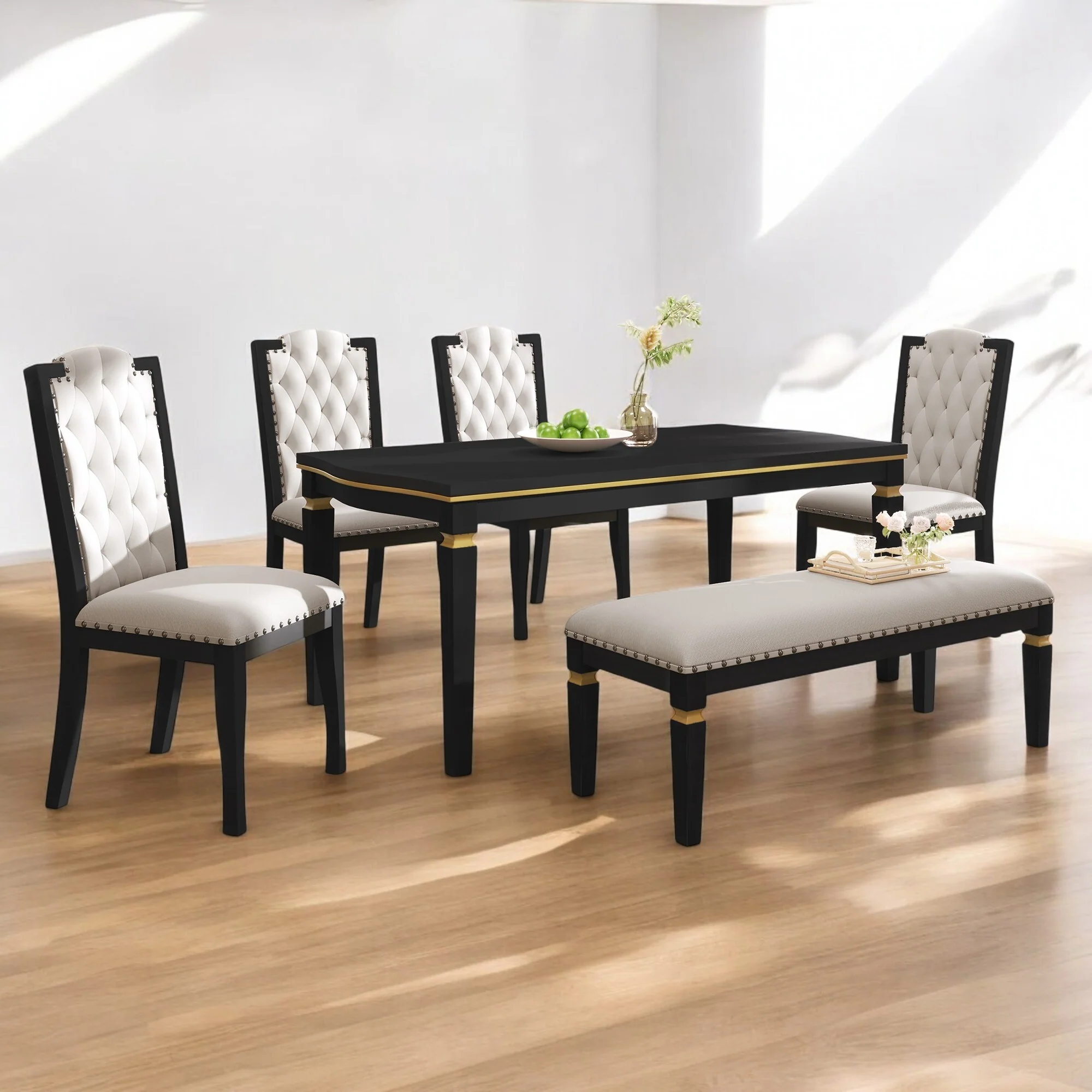 6-Piece Solid Wood Dining Table Set with Upholstered Bench & Chairs, Classic Modern Dining Room Set for Kitchen, Living Room