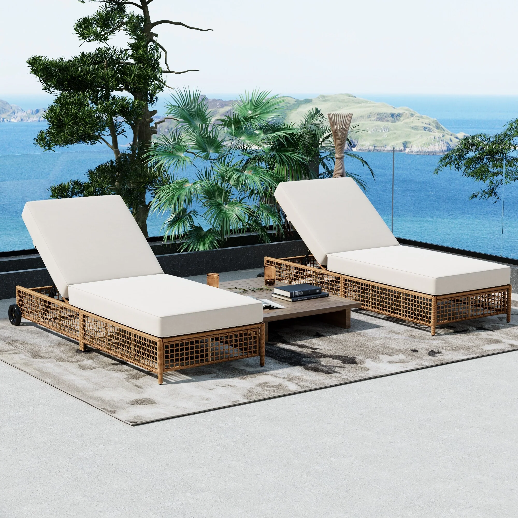 1 Piece Outdoor Lounge Chair, Patio Rattan Chaise Lounge with Cushion and Wheels